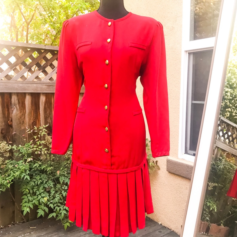 1980s ADOLFO Red Silk Pleated Drop Waist Dress